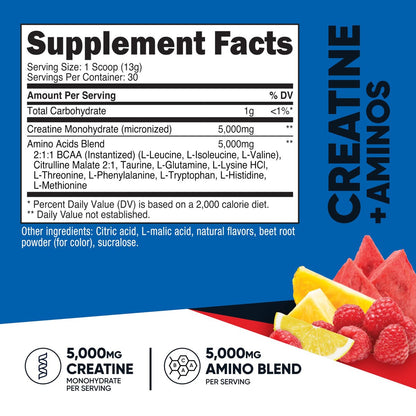 Nutricost Creatin + Aminos 30 Portionen (Fruchtpunsch-Geschmack) - 5.000 mg Creatin Monohydrat + 5.000 mg BCAA-Amino-Mischung pro Portion