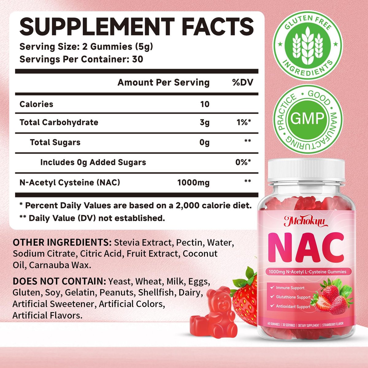 Mchokuu NAC Gummies für Erwachsene & Kinder 1000mg pro Portion, NAC Nahrungsergänzungsmittel N-Acetylcystein für Immun-, Glutathion- & Antioxidantien-Unterstützung, Zuckerfrei Vegan Erdbeergeschmack, 60 Stück