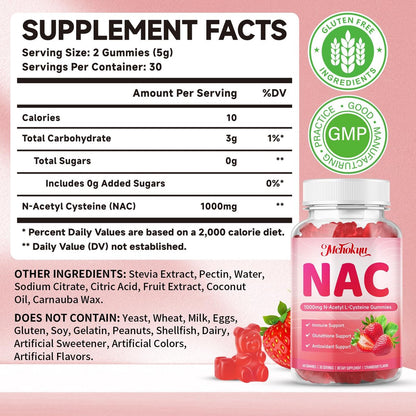 Mchokuu NAC Gummies für Erwachsene & Kinder 1000mg pro Portion, NAC Nahrungsergänzungsmittel N-Acetylcystein für Immun-, Glutathion- & Antioxidantien-Unterstützung, Zuckerfrei Vegan Erdbeergeschmack, 60 Stück
