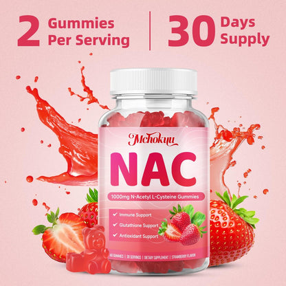 Mchokuu NAC Gummies für Erwachsene & Kinder 1000mg pro Portion, NAC Nahrungsergänzungsmittel N-Acetylcystein für Immun-, Glutathion- & Antioxidantien-Unterstützung, Zuckerfrei Vegan Erdbeergeschmack, 60 Stück