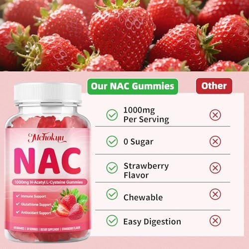 Mchokuu NAC Gummies für Erwachsene & Kinder 1000mg pro Portion, NAC Nahrungsergänzungsmittel N-Acetylcystein für Immun-, Glutathion- & Antioxidantien-Unterstützung, Zuckerfrei Vegan Erdbeergeschmack, 60 Stück