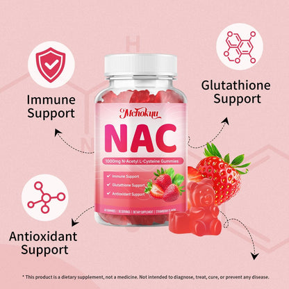 Mchokuu NAC Gummies für Erwachsene & Kinder 1000mg pro Portion, NAC Nahrungsergänzungsmittel N-Acetylcystein für Immun-, Glutathion- & Antioxidantien-Unterstützung, Zuckerfrei Vegan Erdbeergeschmack, 60 Stück