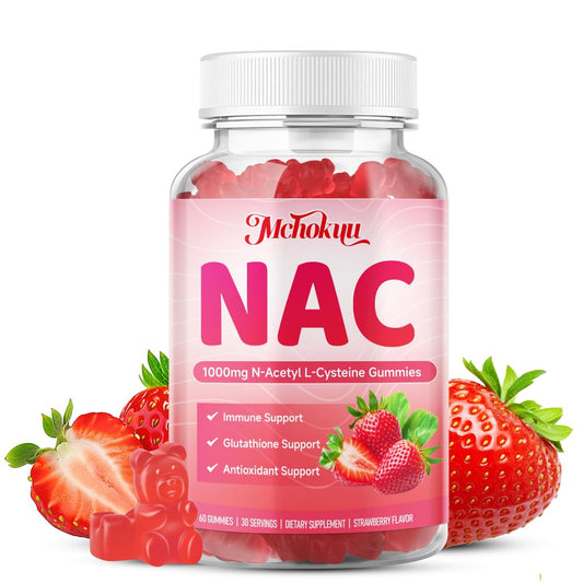 Mchokuu NAC Gummies für Erwachsene & Kinder 1000mg pro Portion, NAC Nahrungsergänzungsmittel N-Acetylcystein für Immun-, Glutathion- & Antioxidantien-Unterstützung, Zuckerfrei Vegan Erdbeergeschmack, 60 Stück