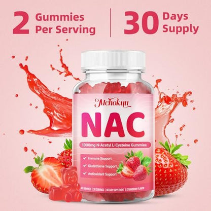 Mchokuu NAC Gummies für Erwachsene & Kinder 1000mg pro Portion, NAC Nahrungsergänzungsmittel N-Acetylcystein für Immun-, Glutathion- & Antioxidantien-Unterstützung, Zuckerfrei Vegan Erdbeergeschmack, 60 Stück