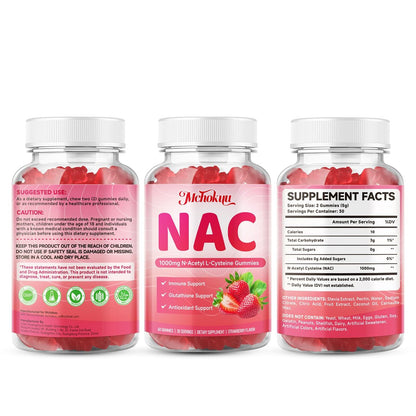 Mchokuu NAC Gummies für Erwachsene & Kinder 1000mg pro Portion, NAC Nahrungsergänzungsmittel N-Acetylcystein für Immun-, Glutathion- & Antioxidantien-Unterstützung, Zuckerfrei Vegan Erdbeergeschmack, 60 Stück