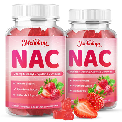 Mchokuu NAC Gummies für Erwachsene & Kinder 1000mg pro Portion, NAC Nahrungsergänzungsmittel N-Acetylcystein für Immun-, Glutathion- & Antioxidantien-Unterstützung, Zuckerfrei Vegan Erdbeergeschmack, 60 Stück