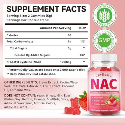 Mchokuu NAC Gummies für Erwachsene & Kinder 1000mg pro Portion, NAC Nahrungsergänzungsmittel N-Acetylcystein für Immun-, Glutathion- & Antioxidantien-Unterstützung, Zuckerfrei Vegan Erdbeergeschmack, 60 Stück