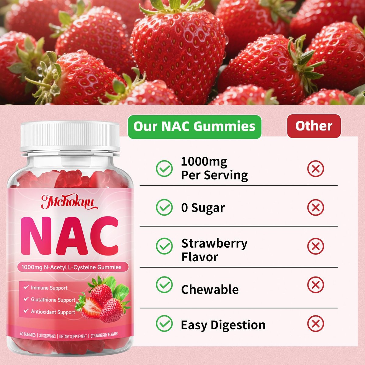 Mchokuu NAC Gummies für Erwachsene & Kinder 1000mg pro Portion, NAC Nahrungsergänzungsmittel N-Acetylcystein für Immun-, Glutathion- & Antioxidantien-Unterstützung, Zuckerfrei Vegan Erdbeergeschmack, 60 Stück