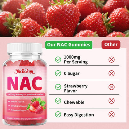 Mchokuu NAC Gummies für Erwachsene & Kinder 1000mg pro Portion, NAC Nahrungsergänzungsmittel N-Acetylcystein für Immun-, Glutathion- & Antioxidantien-Unterstützung, Zuckerfrei Vegan Erdbeergeschmack, 60 Stück