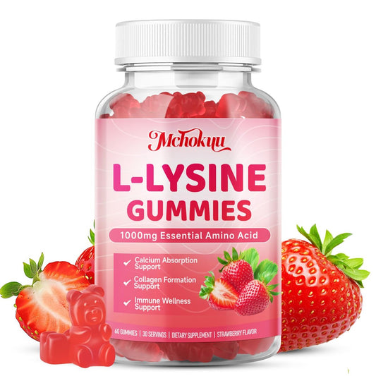 Mchokuu L-Lysin 1000mg Gummibärchen, Kaubare Lysin-Ergänzung für Erwachsene und Kinder zur Immununterstützung, essentielle Aminosäure, vegetarisch, nicht genetisch verändert, zuckerfrei, glutenfrei, Erdbeergeschmack, 60 Stück