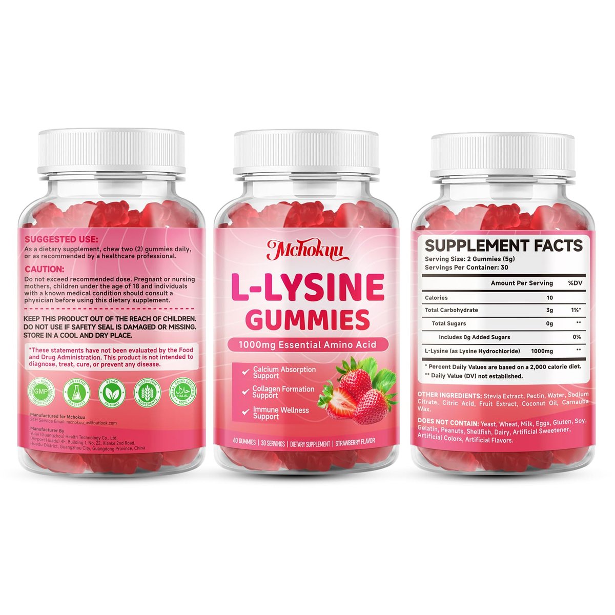 Mchokuu L-Lysin 1000mg Gummibärchen, Kaubare Lysin-Ergänzung für Erwachsene und Kinder zur Immununterstützung, essentielle Aminosäure, vegetarisch, nicht genetisch verändert, zuckerfrei, glutenfrei, Erdbeergeschmack, 60 Stück