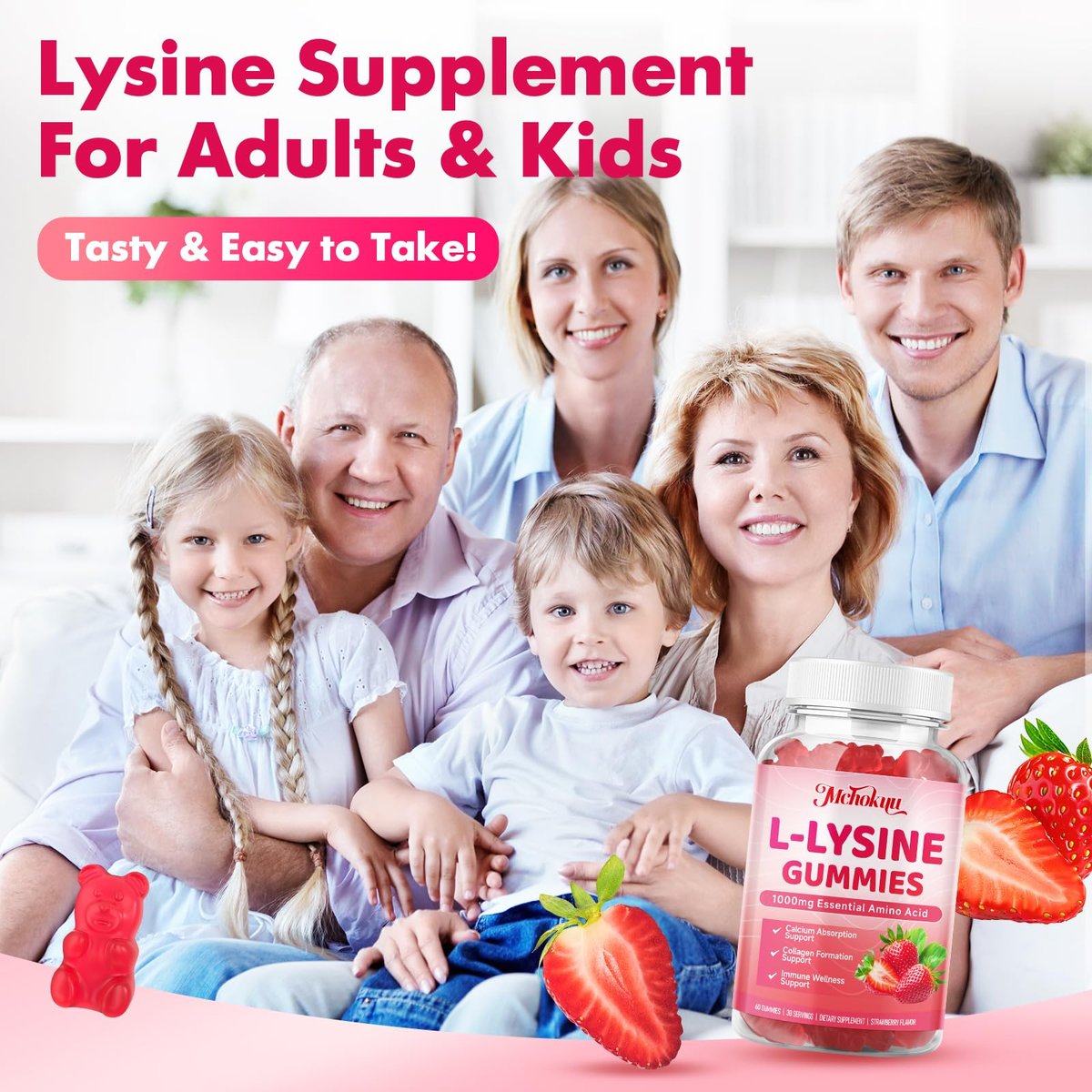 Mchokuu L-Lysin 1000mg Gummibärchen, Kaubare Lysin-Ergänzung für Erwachsene und Kinder zur Immununterstützung, essentielle Aminosäure, vegetarisch, nicht genetisch verändert, zuckerfrei, glutenfrei, Erdbeergeschmack, 60 Stück