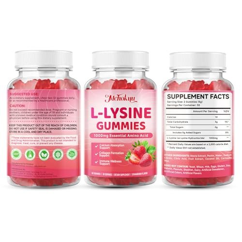 Mchokuu L-Lysin 1000mg Gummibärchen, Kaubare Lysin-Ergänzung für Erwachsene und Kinder zur Immununterstützung, essentielle Aminosäure, vegetarisch, nicht genetisch verändert, zuckerfrei, glutenfrei, Erdbeergeschmack, 60 Stück