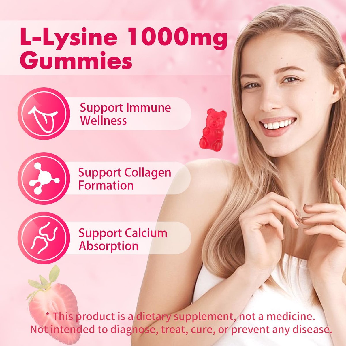 Mchokuu L-Lysin 1000mg Gummibärchen, Kaubare Lysin-Ergänzung für Erwachsene und Kinder zur Immununterstützung, essentielle Aminosäure, vegetarisch, nicht genetisch verändert, zuckerfrei, glutenfrei, Erdbeergeschmack, 60 Stück