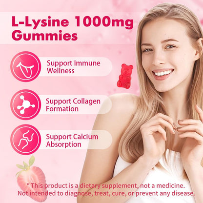 Mchokuu L-Lysin 1000mg Gummibärchen, Kaubare Lysin-Ergänzung für Erwachsene und Kinder zur Immununterstützung, essentielle Aminosäure, vegetarisch, nicht genetisch verändert, zuckerfrei, glutenfrei, Erdbeergeschmack, 60 Stück