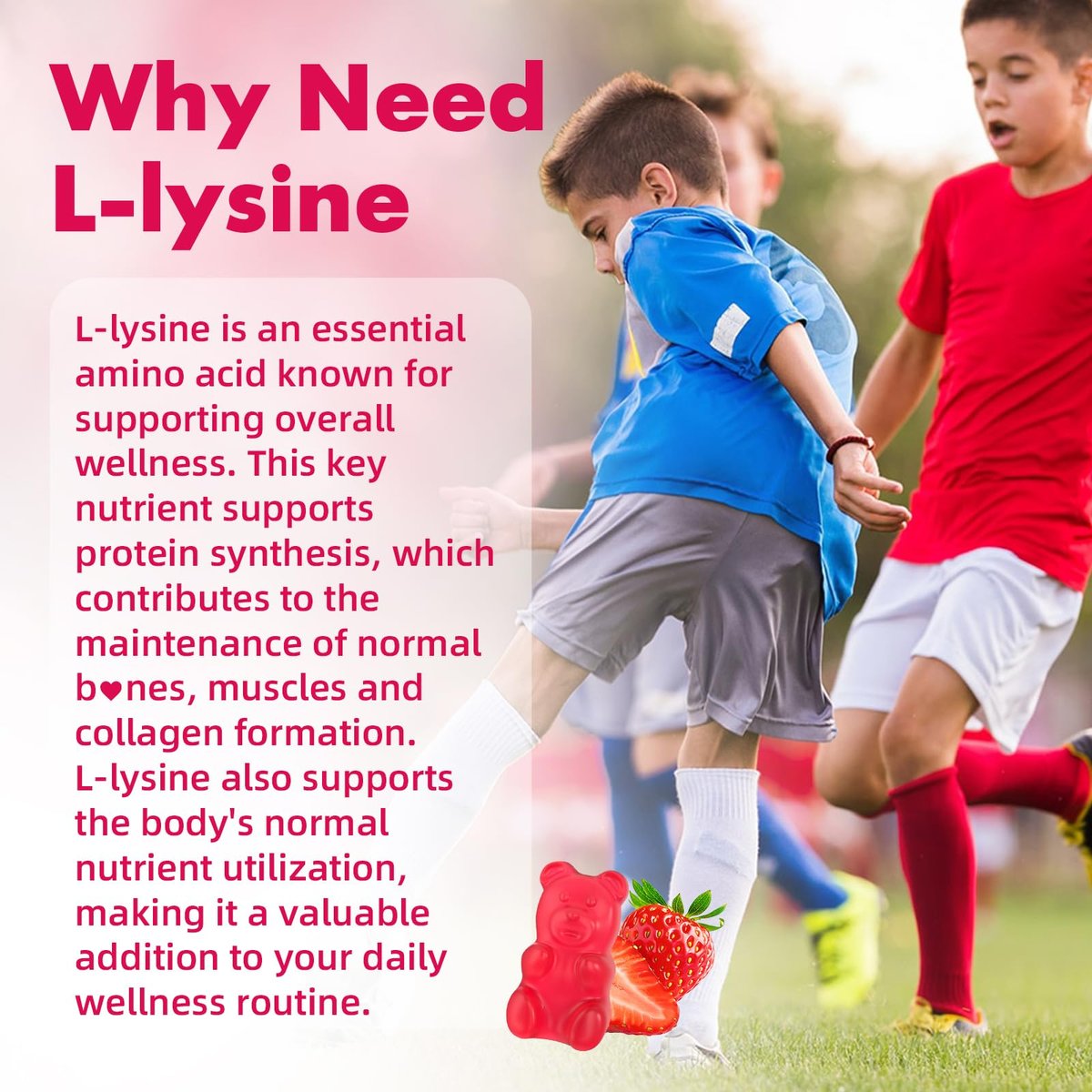 Mchokuu L-Lysin 1000mg Gummibärchen, Kaubare Lysin-Ergänzung für Erwachsene und Kinder zur Immununterstützung, essentielle Aminosäure, vegetarisch, nicht genetisch verändert, zuckerfrei, glutenfrei, Erdbeergeschmack, 60 Stück