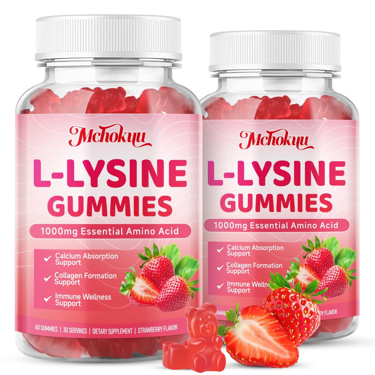 Mchokuu L-Lysin 1000mg Gummibärchen, Kaubare Lysin-Ergänzung für Erwachsene und Kinder zur Immununterstützung, essentielle Aminosäure, vegetarisch, nicht genetisch verändert, zuckerfrei, glutenfrei, Erdbeergeschmack, 60 Stück