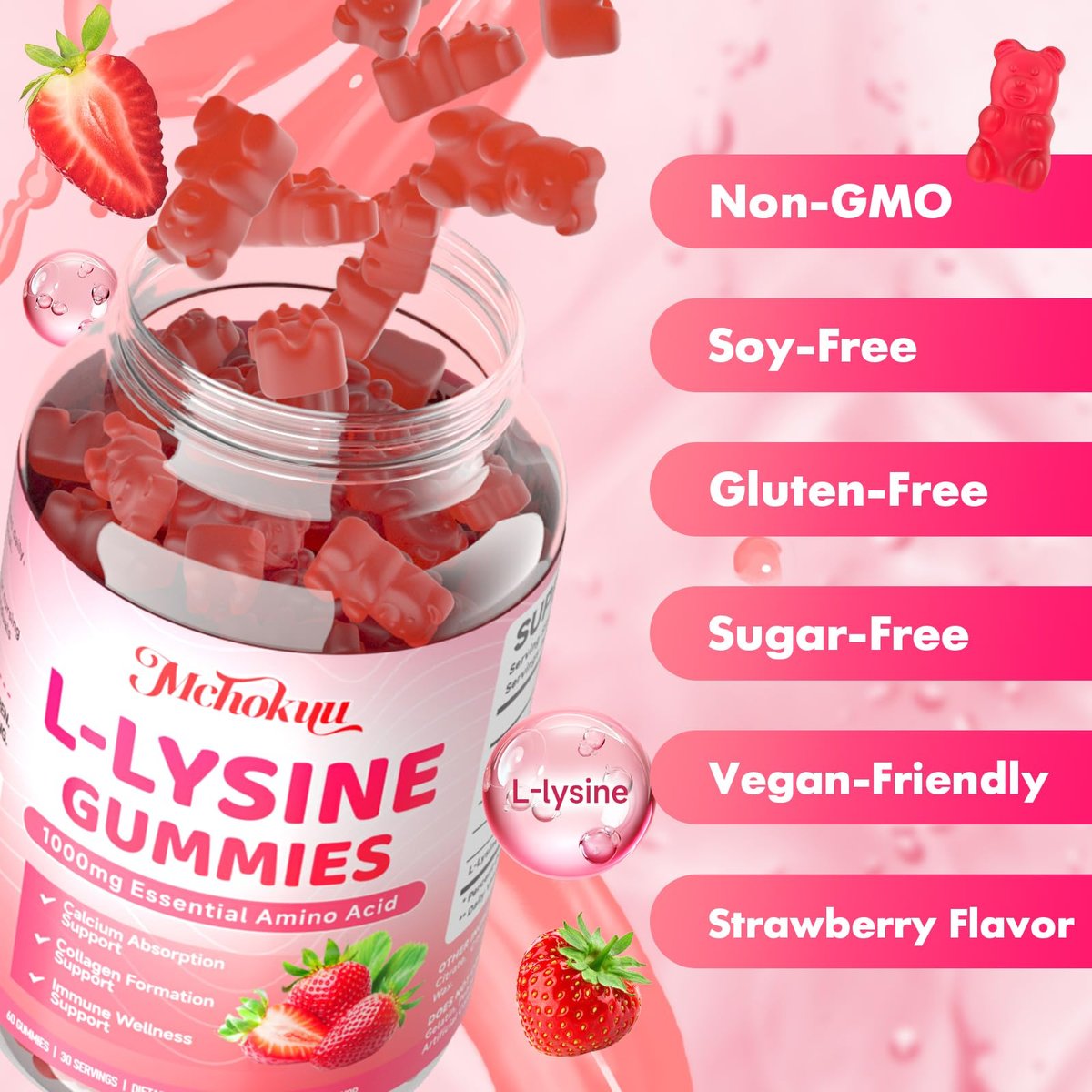 Mchokuu L-Lysin 1000mg Gummibärchen, Kaubare Lysin-Ergänzung für Erwachsene und Kinder zur Immununterstützung, essentielle Aminosäure, vegetarisch, nicht genetisch verändert, zuckerfrei, glutenfrei, Erdbeergeschmack, 60 Stück