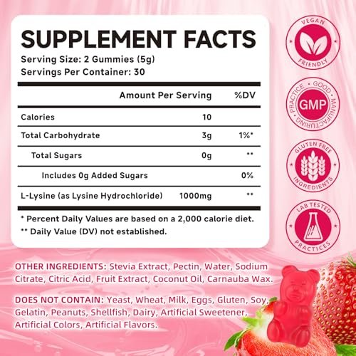 Mchokuu L-Lysin 1000mg Gummibärchen, Kaubare Lysin-Ergänzung für Erwachsene und Kinder zur Immununterstützung, essentielle Aminosäure, vegetarisch, nicht genetisch verändert, zuckerfrei, glutenfrei, Erdbeergeschmack, 60 Stück