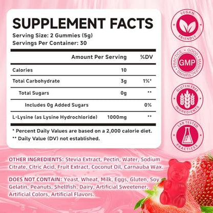 Mchokuu L-Lysin 1000mg Gummibärchen, Kaubare Lysin-Ergänzung für Erwachsene und Kinder zur Immununterstützung, essentielle Aminosäure, vegetarisch, nicht genetisch verändert, zuckerfrei, glutenfrei, Erdbeergeschmack, 60 Stück