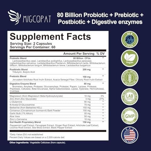 Migcopat Probiotikum mit Präbiotikum, Postbiotikum und Verdauungsenzymen – 80 Milliarden KBE für die Darmgesundheit, mit Berberin, Zimt, L-Glutamin, für Männer & Frauen, 120 Kapseln