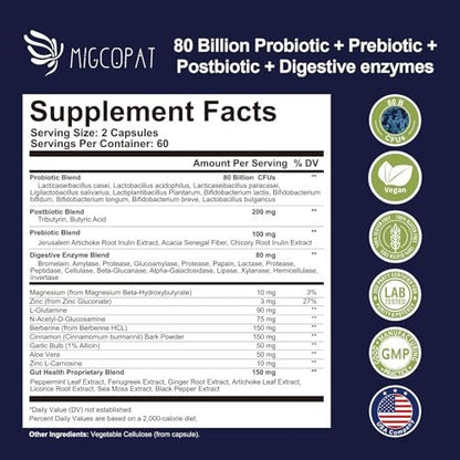 Migcopat Probiotikum mit Präbiotikum, Postbiotikum und Verdauungsenzymen – 80 Milliarden KBE für die Darmgesundheit, mit Berberin, Zimt, L-Glutamin, für Männer & Frauen, 120 Kapseln
