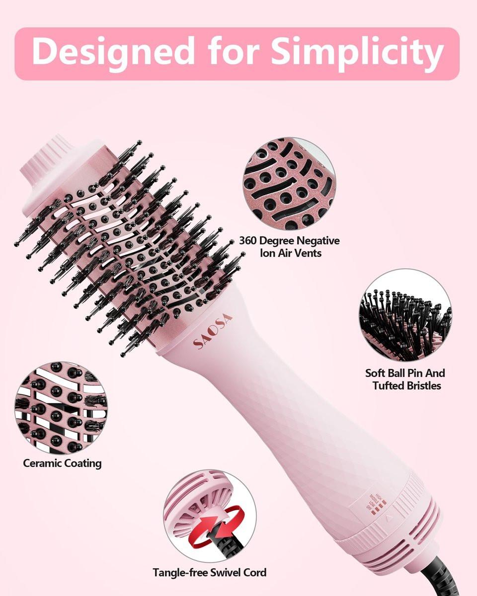 SAOSA Haartrocknerbürste 4-in-1 Professionelle Titan-Ionen-Heißluftbürste & Volumizer mit ALCI-Sicherheitsstecker für mittellanges bis langes Haar (Rosa)