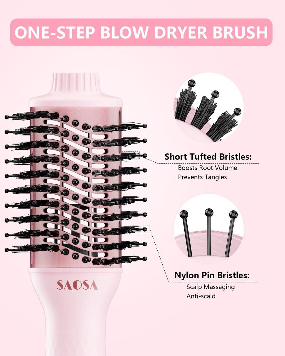 SAOSA Haartrocknerbürste 4-in-1 Professionelle Titan-Ionen-Heißluftbürste & Volumizer mit ALCI-Sicherheitsstecker für mittellanges bis langes Haar (Rosa)