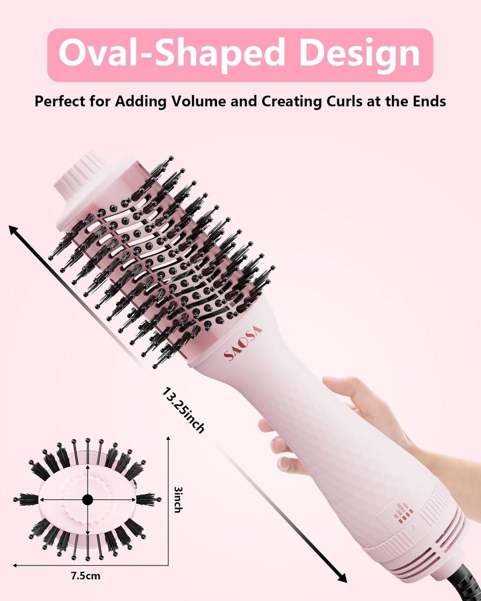 SAOSA Haartrocknerbürste 4-in-1 Professionelle Titan-Ionen-Heißluftbürste & Volumizer mit ALCI-Sicherheitsstecker für mittellanges bis langes Haar (Rosa)