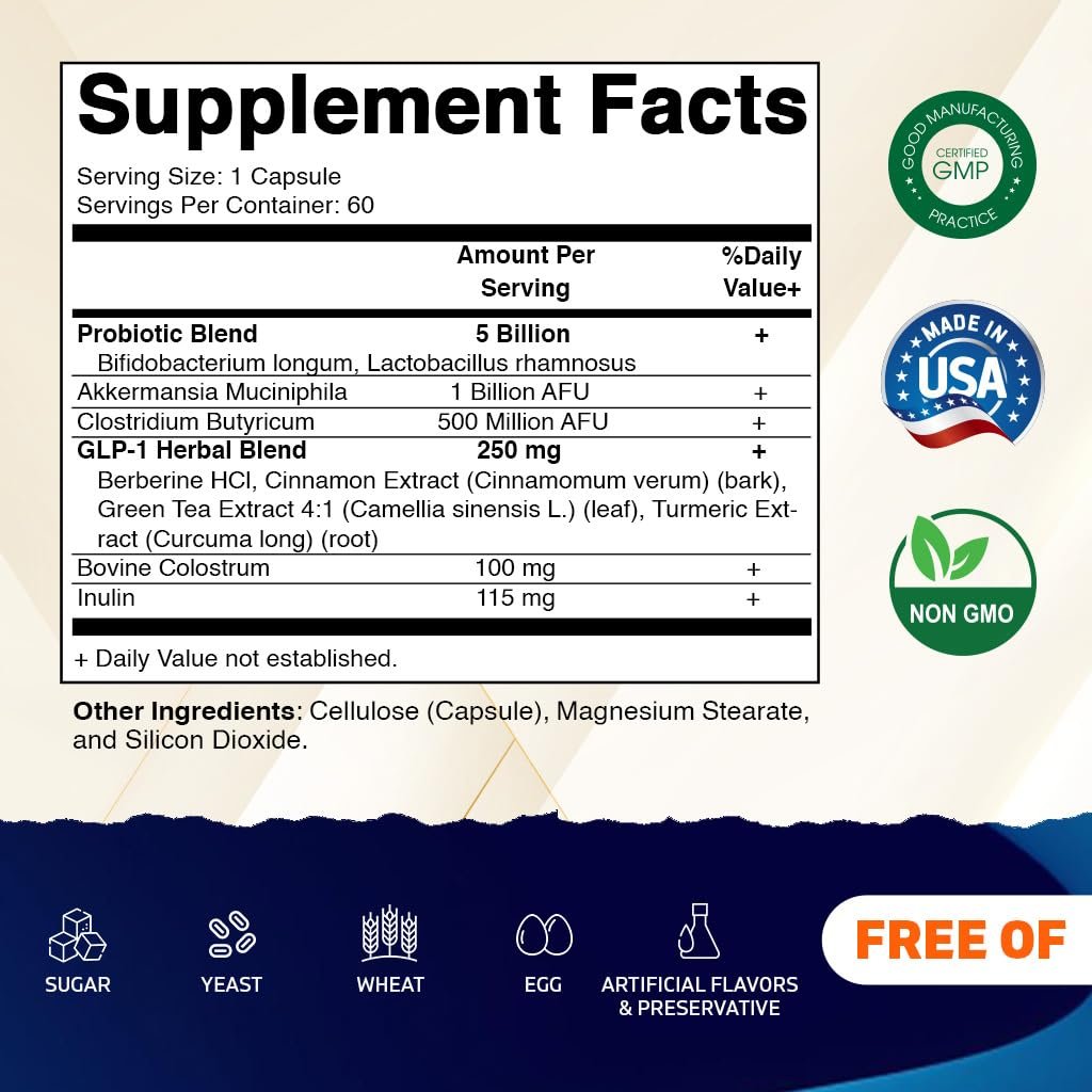 Vitamatic GLP-1 Unterstützung für Männer & Frauen, 60 Kapseln - mit Akkermansia, Probiotika, Präbiotikum, Clostridium, Berberin, Zimt, grünem Tee, Kurkuma & Kolostrum