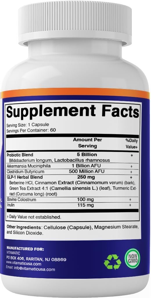 Vitamatic GLP-1 Unterstützung für Männer & Frauen, 60 Kapseln - mit Akkermansia, Probiotika, Präbiotikum, Clostridium, Berberin, Zimt, grünem Tee, Kurkuma & Kolostrum