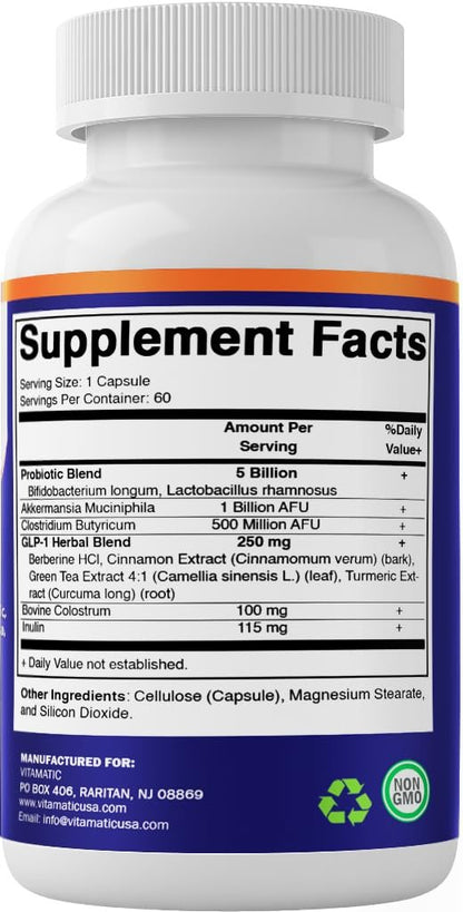 Vitamatic GLP-1 Unterstützung für Männer & Frauen, 60 Kapseln - mit Akkermansia, Probiotika, Präbiotikum, Clostridium, Berberin, Zimt, grünem Tee, Kurkuma & Kolostrum