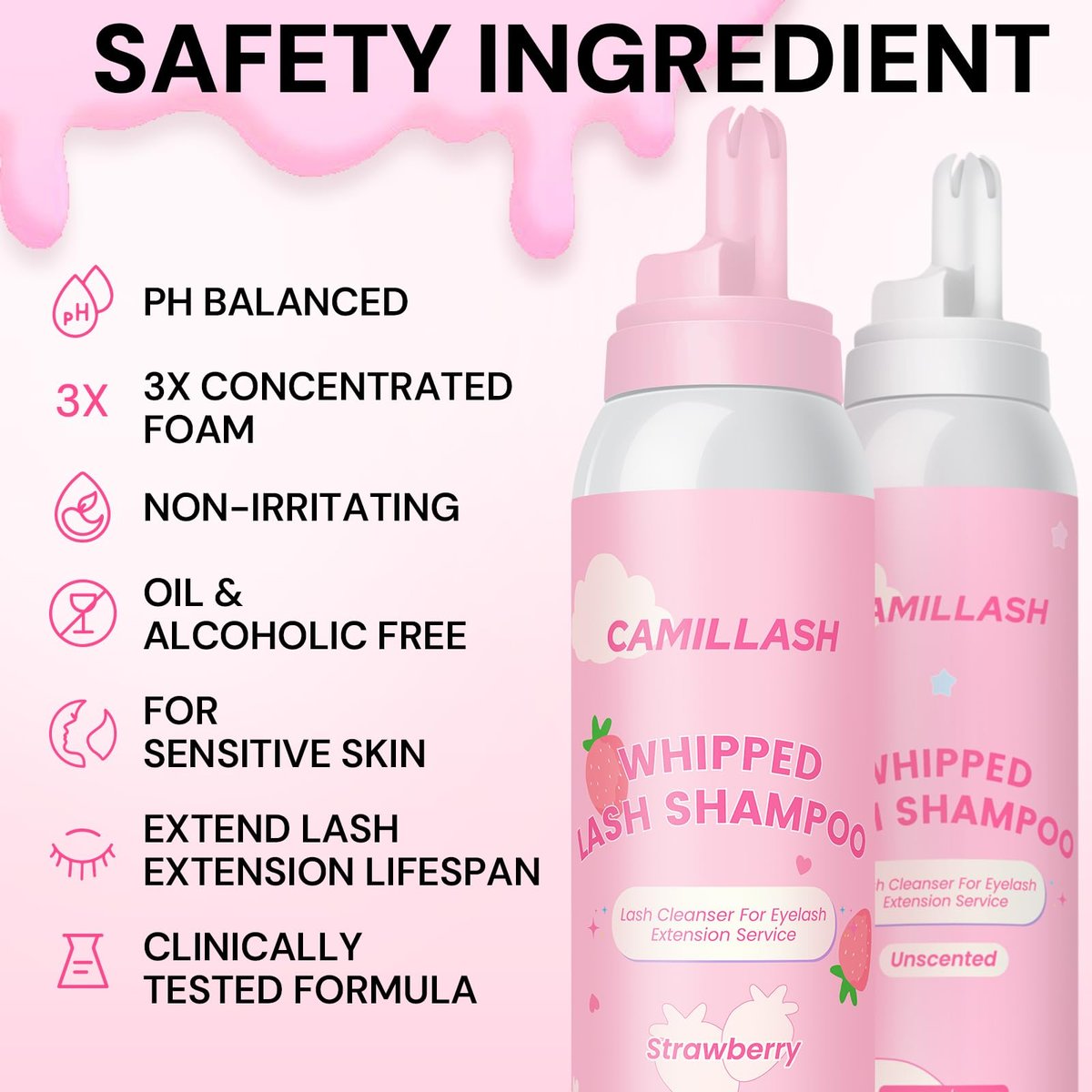Whipped Lash Cream Shampoo Foam Reiniger | Wimpernverlängerungs-Reinigungsset | Salon & Zuhause 100ml Erdbeer-Pink