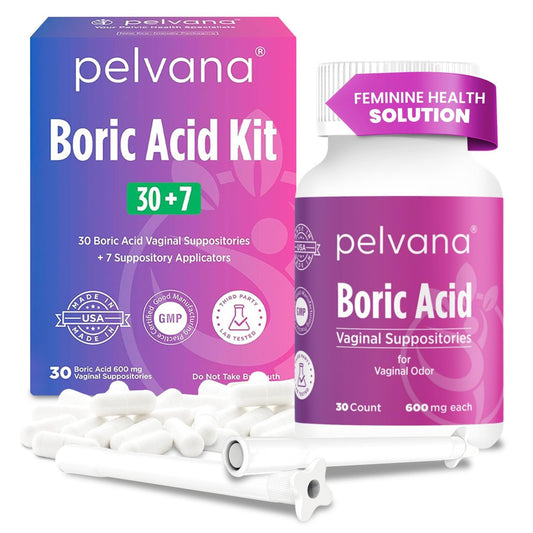 Pelvana Borsäure-Zäpfchen für Frauen - 30 Stück + 7 Applikatoren - 600mg Borsäure-Kapseln gegen vaginalen Geruch