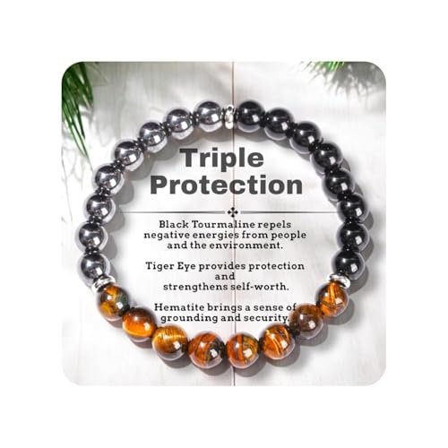 Triple Protection Heilende Kristall-Armband – Tigerauge, schwarzer Turmalin & Hämatit Naturstein-Schmuck – Stärke & positive Energie Geschenk für Männer & Frauen – Weihnachten & Jahrestag