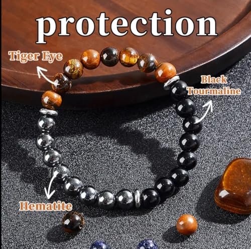 Triple Protection Heilende Kristall-Armband – Tigerauge, schwarzer Turmalin & Hämatit Naturstein-Schmuck – Stärke & positive Energie Geschenk für Männer & Frauen – Weihnachten & Jahrestag