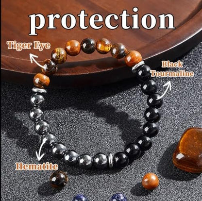 Triple Protection Heilende Kristall-Armband – Tigerauge, schwarzer Turmalin & Hämatit Naturstein-Schmuck – Stärke & positive Energie Geschenk für Männer & Frauen – Weihnachten & Jahrestag