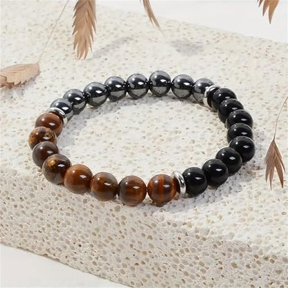 Triple Protection Heilende Kristall-Armband – Tigerauge, schwarzer Turmalin & Hämatit Naturstein-Schmuck – Stärke & positive Energie Geschenk für Männer & Frauen – Weihnachten & Jahrestag