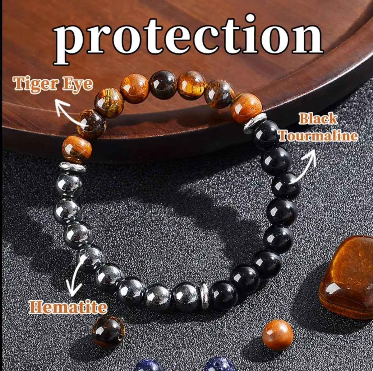 Triple Protection Heilende Kristall-Armband – Tigerauge, schwarzer Turmalin & Hämatit Naturstein-Schmuck – Stärke & positive Energie Geschenk für Männer & Frauen – Weihnachten & Jahrestag