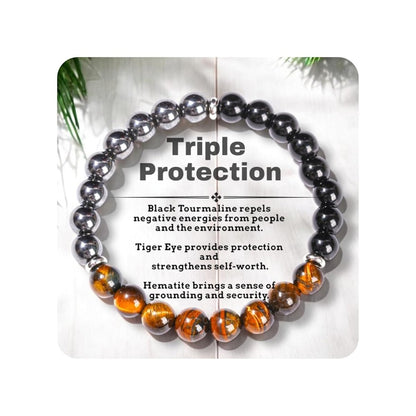 Triple Protection Heilende Kristall-Armband – Tigerauge, schwarzer Turmalin & Hämatit Naturstein-Schmuck – Stärke & positive Energie Geschenk für Männer & Frauen – Weihnachten & Jahrestag
