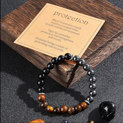 Triple Protection Heilende Kristall-Armband – Tigerauge, schwarzer Turmalin & Hämatit Naturstein-Schmuck – Stärke & positive Energie Geschenk für Männer & Frauen – Weihnachten & Jahrestag