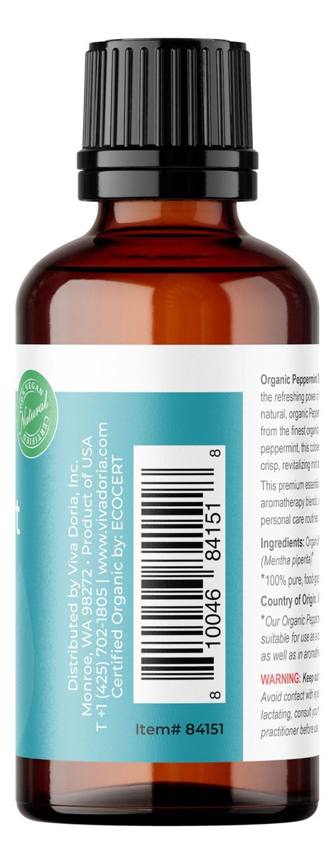 Viva Doria Bio-Pfefferminzöl, USDA-zertifiziert, 100% reines, natürliches ätherisches Öl, unverdünnt, für Aromatherapie | Lebensmittelqualität, 30 ml (1 Fl Oz)