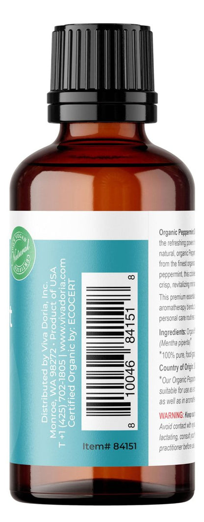 Viva Doria Bio-Pfefferminzöl, USDA-zertifiziert, 100% reines, natürliches ätherisches Öl, unverdünnt, für Aromatherapie | Lebensmittelqualität, 30 ml (1 Fl Oz)