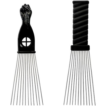 Metall Afro Kamm Set – 2 Stück African American Haarpickel, breite Zinken, klassisches schwarzes Faustdesign – Styling-Werkzeug für lockiges und Afro-Haar