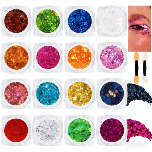 16 Farben Chunky Fine Mixed Holographic Glitter Gel Set für Gesicht und Körper Make-up Festival Party Glitzer Gel Dekoration Rave Accessoires