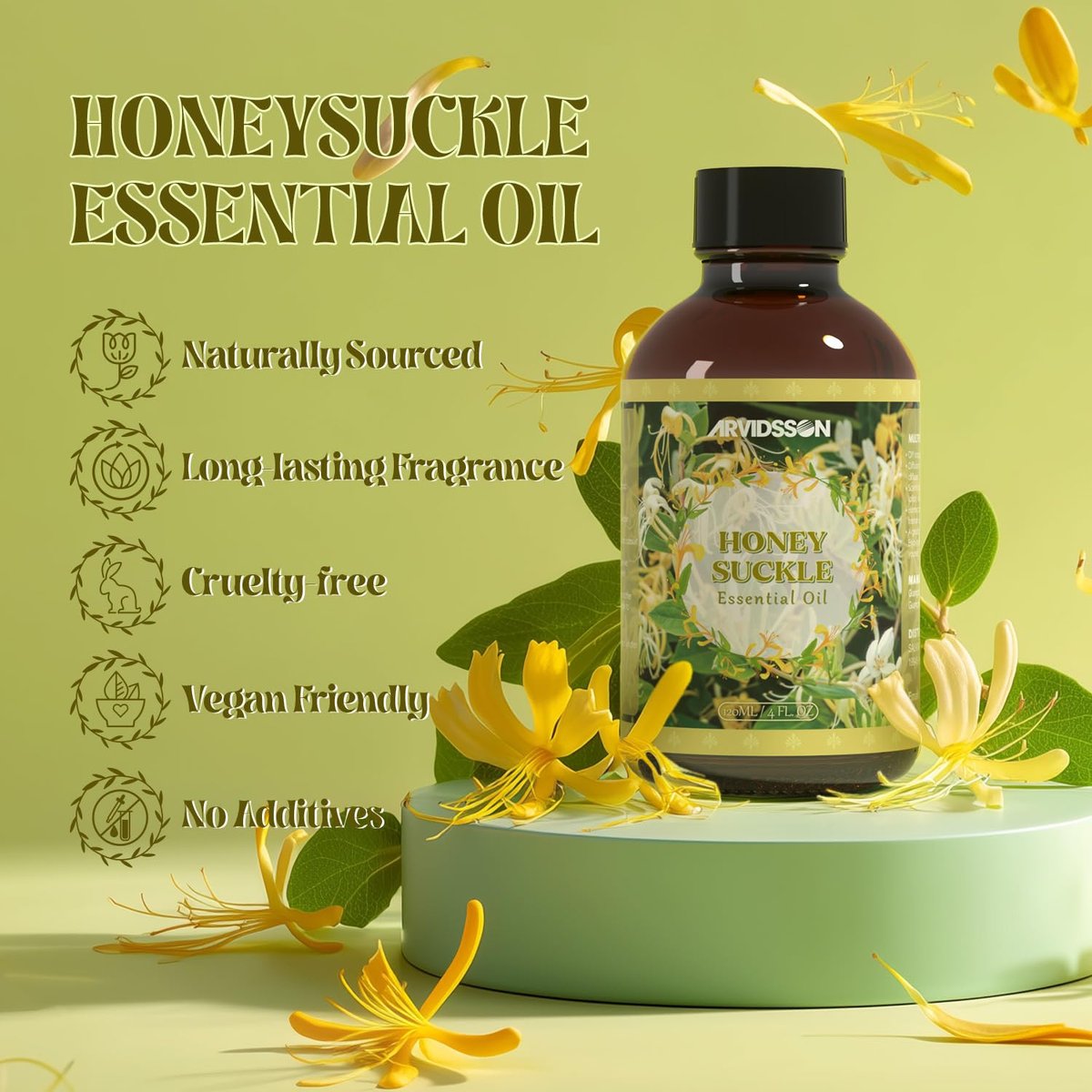 ARVIDSSON Geißblatt (Honeysuckle) Ätherisches Öl 120 ml – 100% rein & natürlich, Aromatherapie Öl für Diffuser, Kerzenherstellung, Raumspray, Geschenk für Frauen