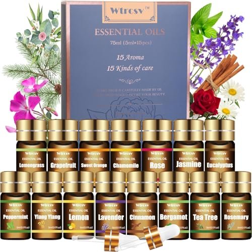 Wtrcsv Ätherische Öle Set – Die Top 15 Düfte für Diffuser, Luftbefeuchter, Hautpflege, Aromatherapie, Massage, Kerzen- und Seifenherstellung – Geschenkset (5 ml)
