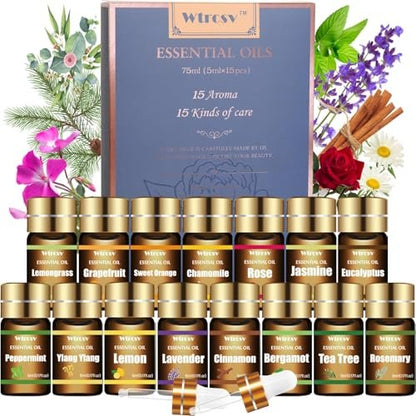 Wtrcsv Ätherische Öle Set – Die Top 15 Düfte für Diffuser, Luftbefeuchter, Hautpflege, Aromatherapie, Massage, Kerzen- und Seifenherstellung – Geschenkset (5 ml)