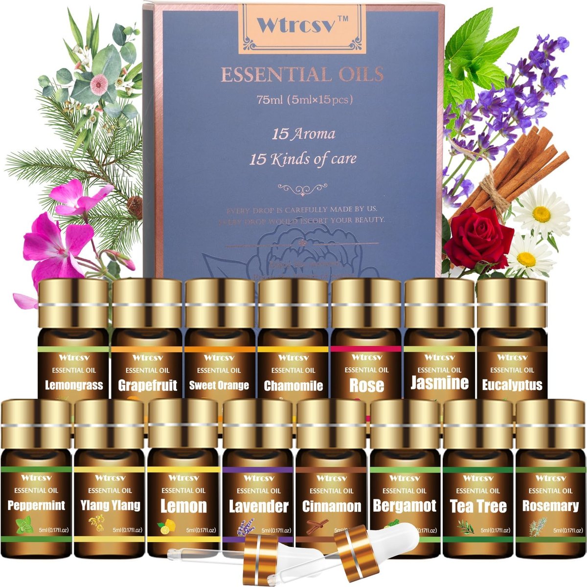 Wtrcsv Ätherische Öle Set – Die Top 15 Düfte für Diffuser, Luftbefeuchter, Hautpflege, Aromatherapie, Massage, Kerzen- und Seifenherstellung – Geschenkset (5 ml)