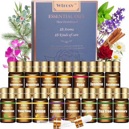 Wtrcsv Ätherische Öle Set – Die Top 15 Düfte für Diffuser, Luftbefeuchter, Hautpflege, Aromatherapie, Massage, Kerzen- und Seifenherstellung – Geschenkset (5 ml)
